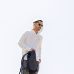 White Sands - Men's Long-Sleeve Hooded Henley in Desert Willow (White) (front view with hood on)