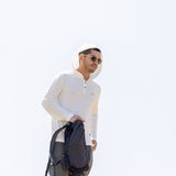 White Sands - Men's Long-Sleeve Hooded Henley in Desert Willow (White) (front view with hood on)