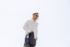 White Sands - Men's Long-Sleeve Hooded Henley in Desert Willow (White) (front view with hood on)