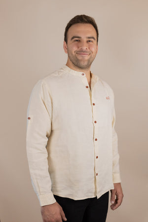 Canyonlands - Men’s Long-Sleeve Ventilated Hemp Shirt in Chamisa (Tan) (front view)