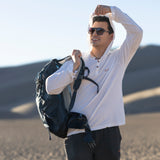 White Sands - Men's Sun Henley with Hideaway Hood in white, worn on desert dunes