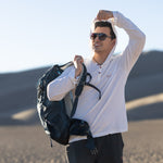 White Sands - Men's Long-Sleeve Hooded Henley in Desert Willow (White) (front view with hood on)