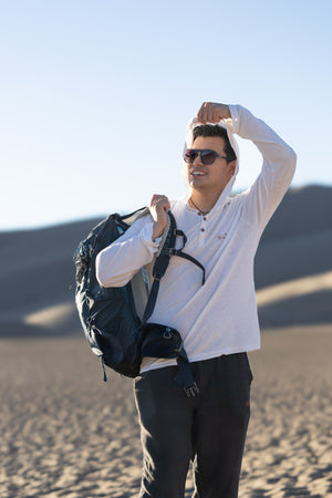 White Sands - Men's Long-Sleeve Hooded Henley in Desert Willow (White) (front view with hood on)