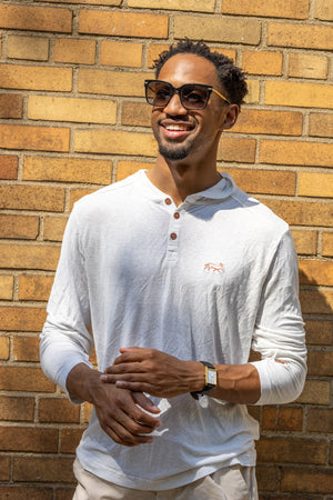 White Sands - Men's Long-Sleeve Hooded Henley in Desert Willow (White) (front view)