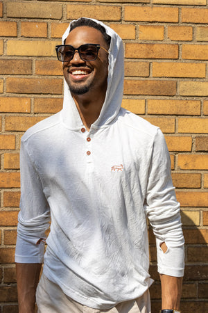 White Sands - Men's Long-Sleeve Hooded Henley in Desert Willow (White) (front view with hood on)