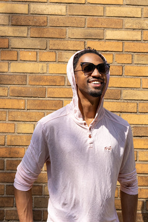 White Sands - Men's Long-Sleeve Hooded Henley in Prickly Pear (Dusty Pink) (front view with hood on)