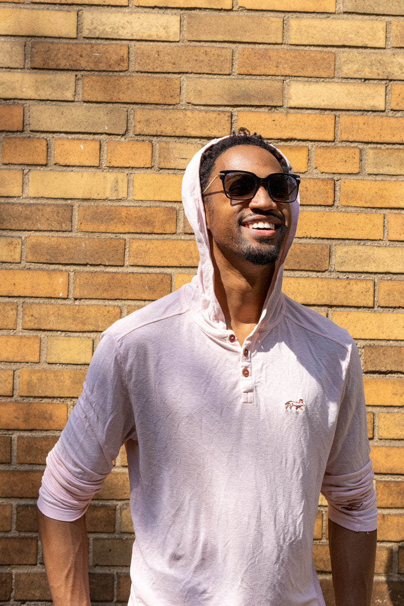 White Sands - Men's Long-Sleeve Hooded Henley in Prickly Pear (Dusty Pink) (front view with hood on)