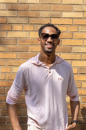 White Sands - Men's Long-Sleeve Hooded Henley in Prickly Pear (Dusty Pink) (front view)