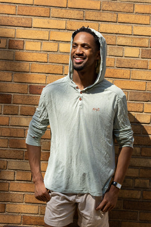 White Sands - Men's Long-Sleeve Hooded Henley in Agave (Light Green) (front view with hood on)