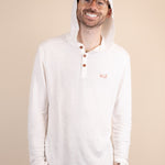 White Sands - Men's Long-Sleeve Hooded Henley in Desert Willow (White) (front view with hood on)