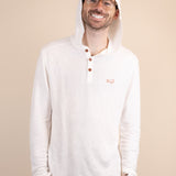 White Sands - Men's Long-Sleeve Hooded Henley in Desert Willow (White) (front view with hood on)