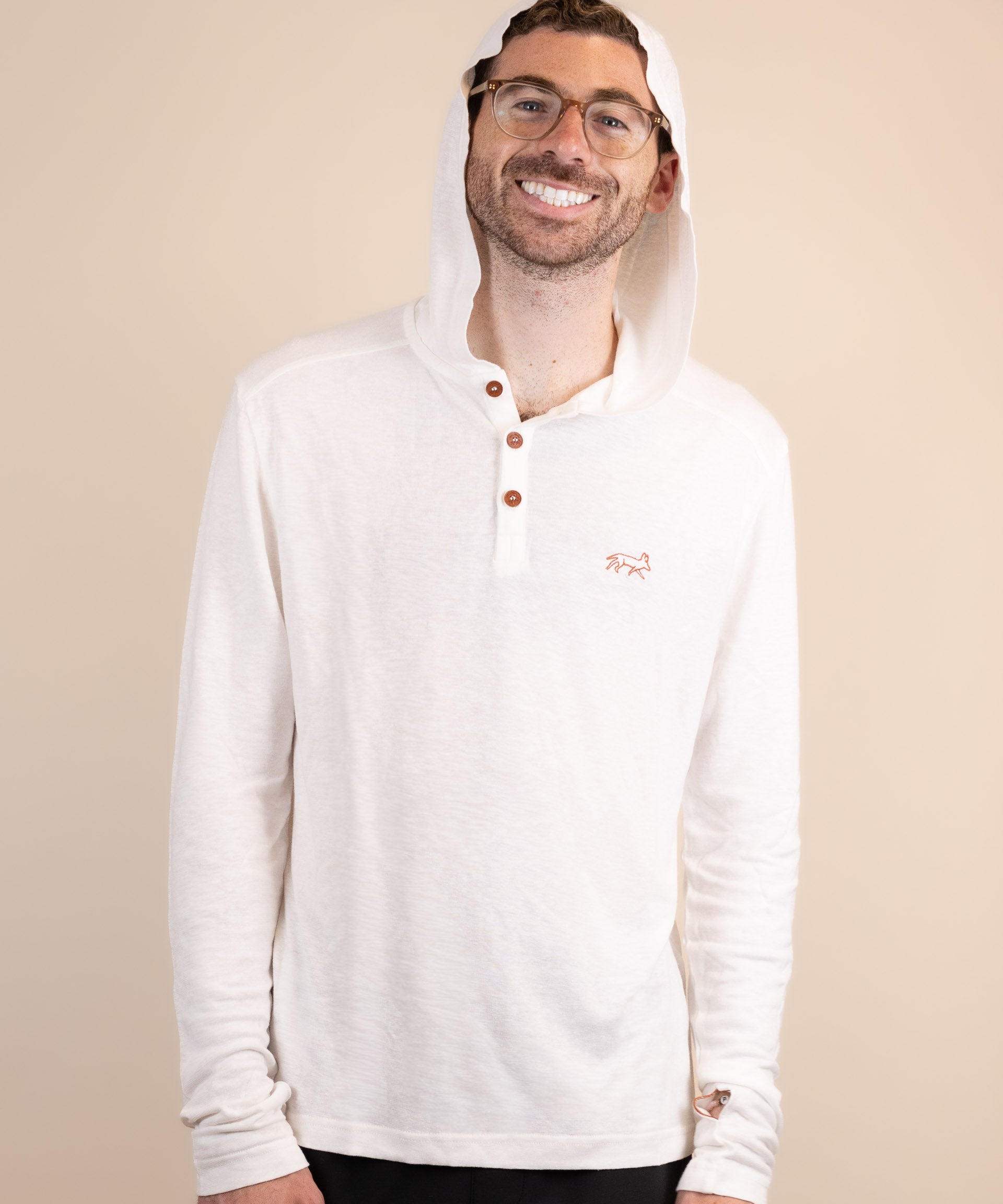 White Sands - Men's Long-Sleeve Hooded Henley in Desert Willow (White) (front view with hood on)