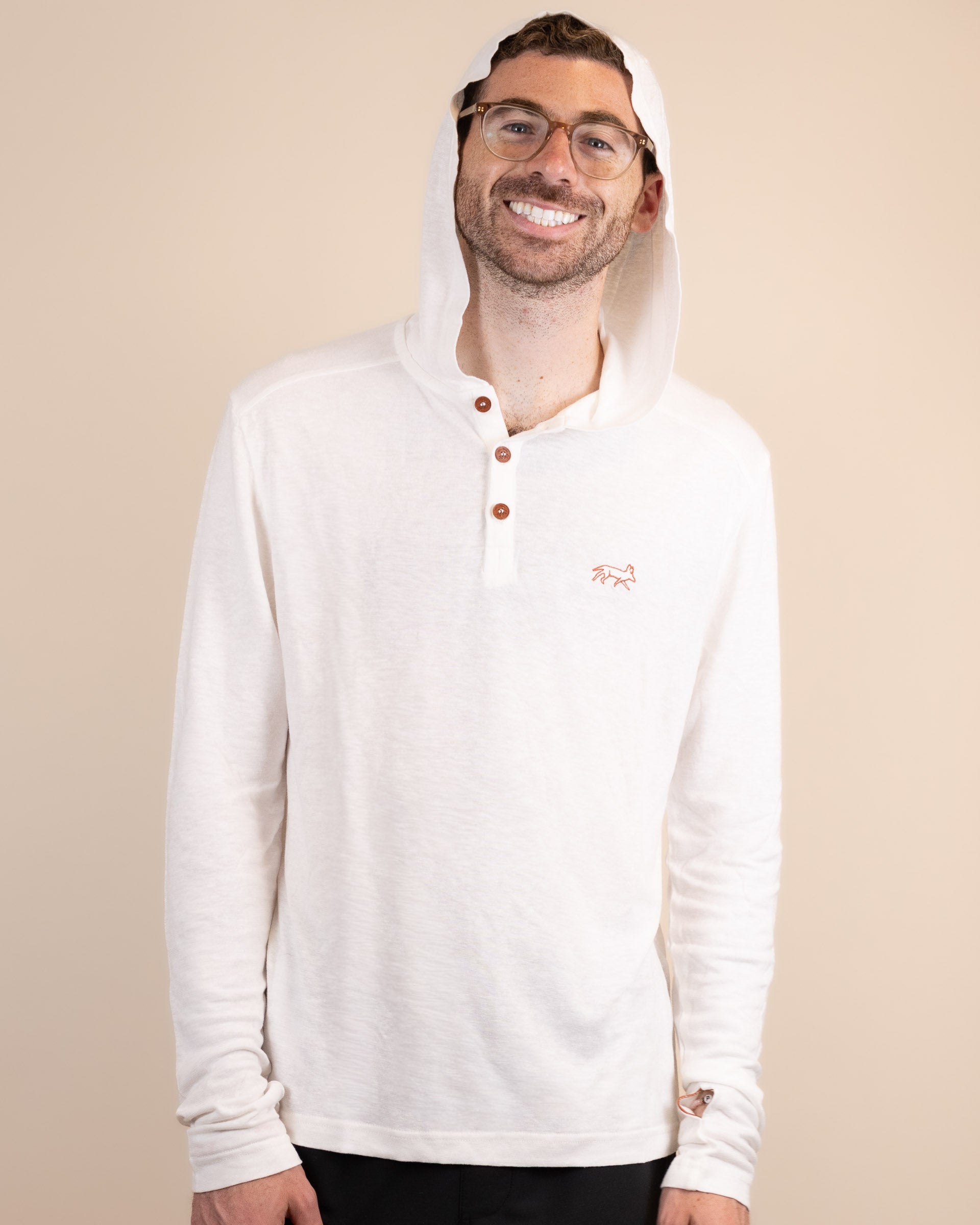 White Sands - Men's Long-Sleeve Hooded Henley in Desert Willow (White) (front view with hood on)