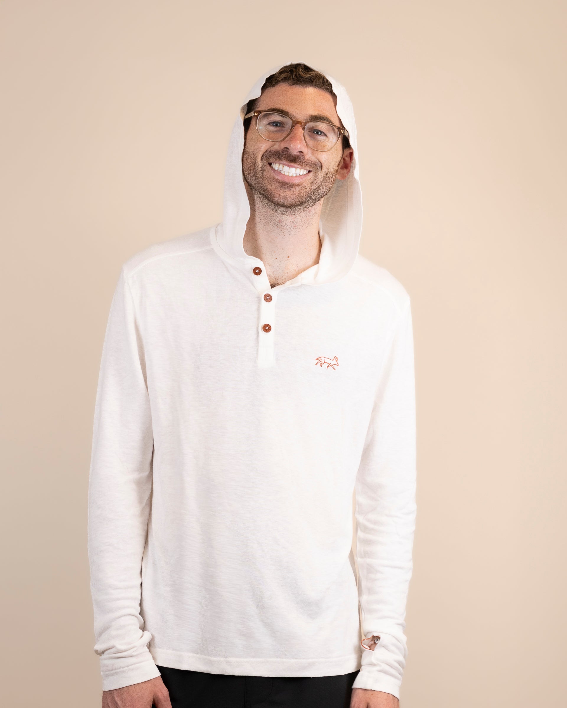 White Sands - Men's Sun Henley with Hideaway Hood, hood up under open sun