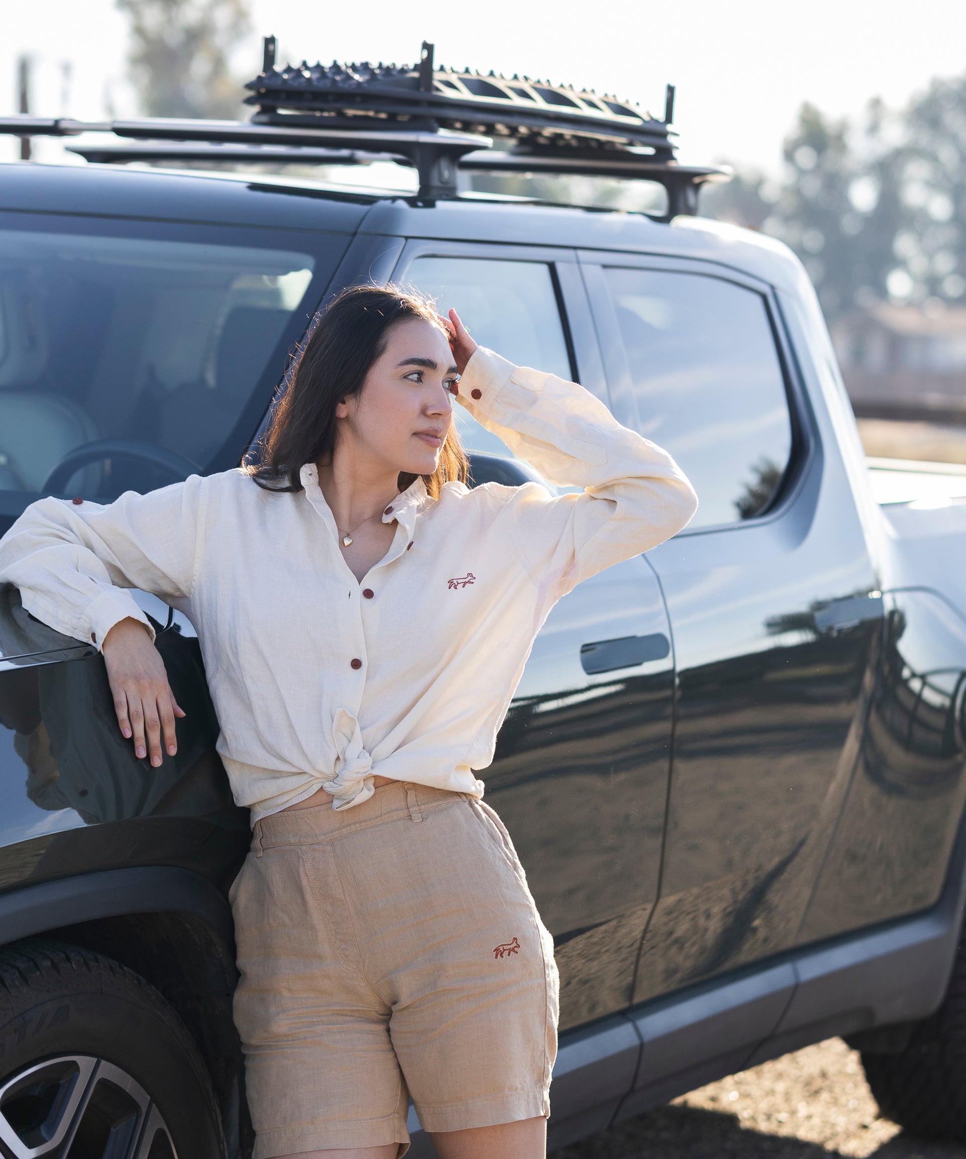 Canyonlands - Women's Long Sleeve Hemp Shirt worn with Cuyahoga - Women's Hemp Trail Shorts
