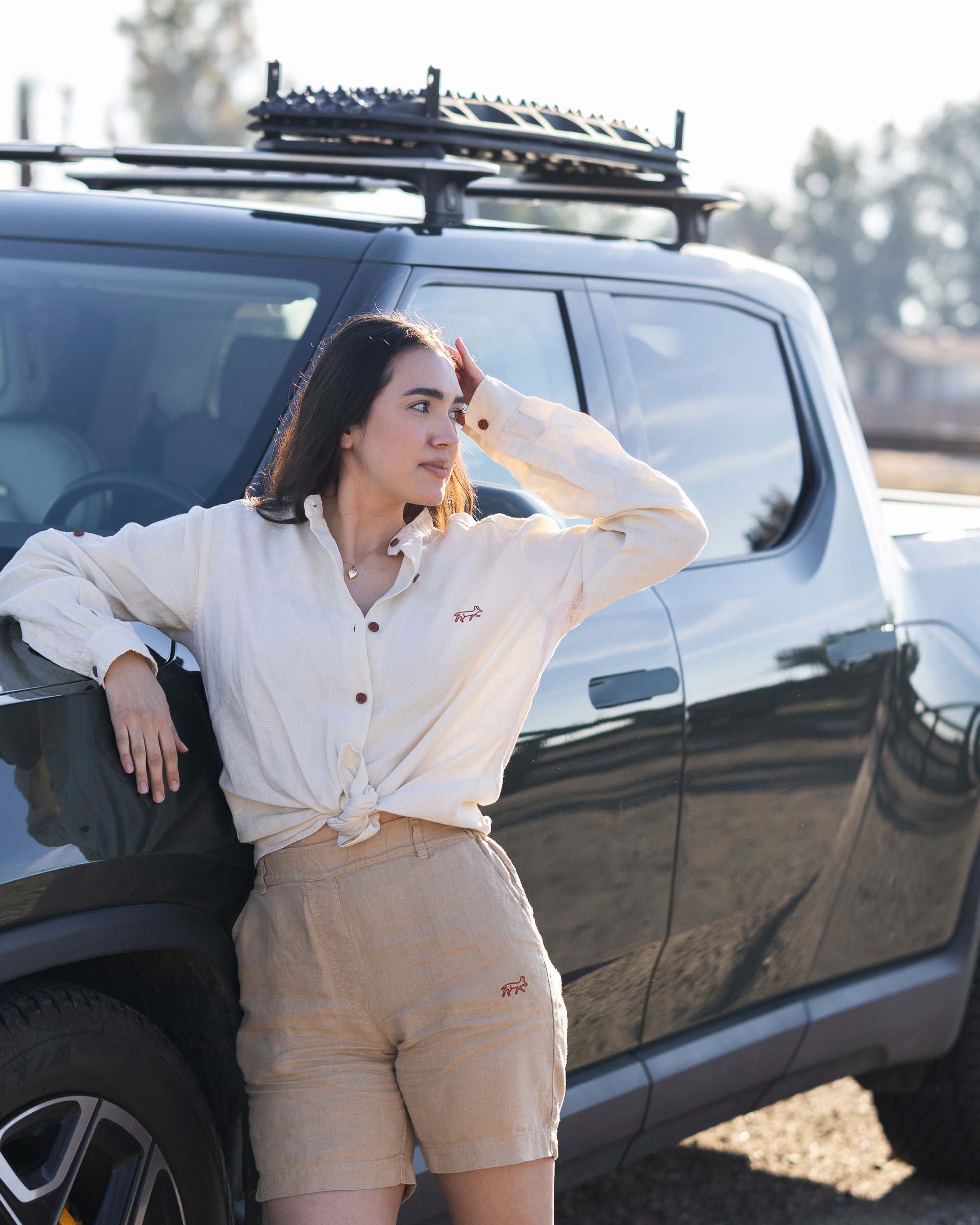 Canyonlands - Women's Long Sleeve Hemp Shirt worn with Cuyahoga - Women's Hemp Trail Shorts