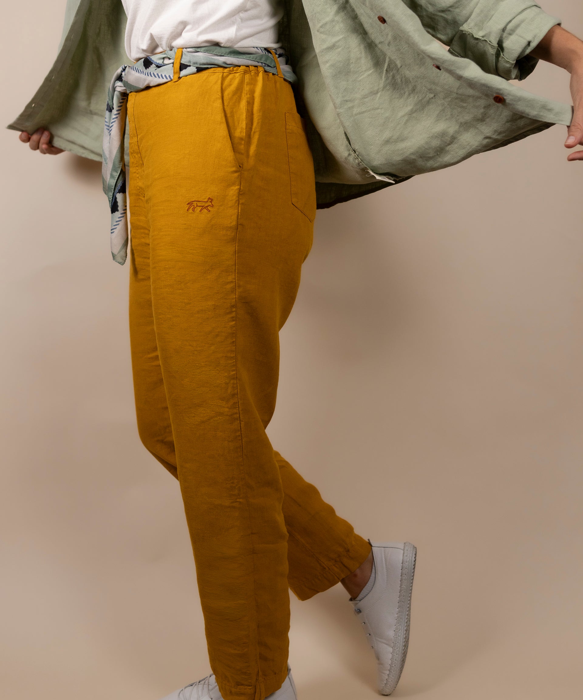Joshua Tree - Women's Breathable Hemp Trail Pants in Orpiment (Turmeric), studio view