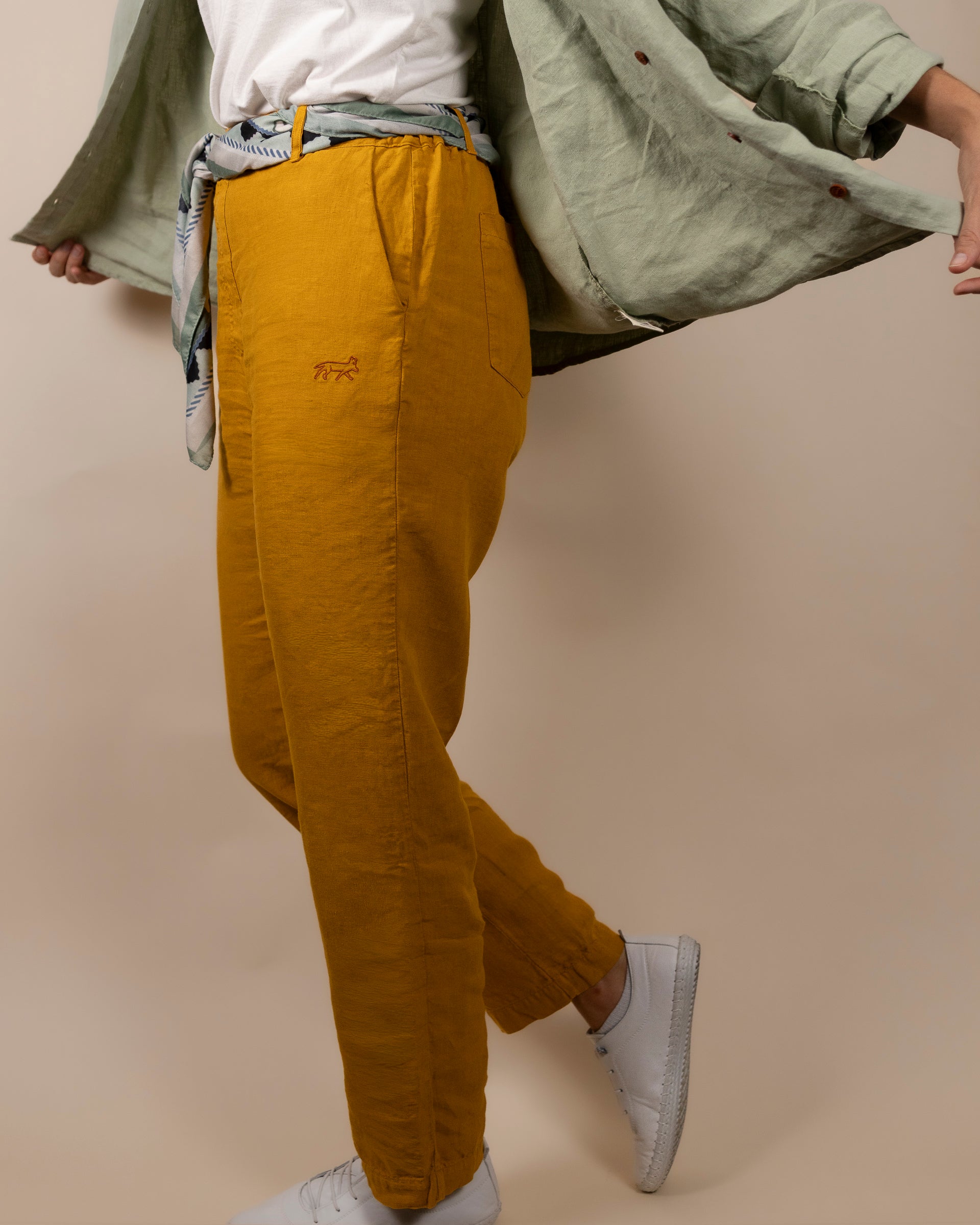 Joshua Tree - Women's Breathable Hemp Trail Pants in Orpiment (Turmeric), studio view