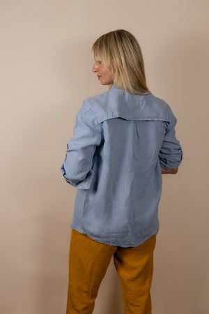 Canyonlands - Women’s Long-Sleeve Ventilated Hemp Shirt in Blue Sage (Light Blue) (back view)