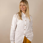 Canyonlands - Women's Long Sleeve Hemp Shirt in white with Joshua Tree pants in Orpiment (Turmeric)