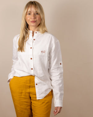 Canyonlands - Women’s Long-Sleeve Ventilated Hemp Shirt in Desert Willow (White) (front view)