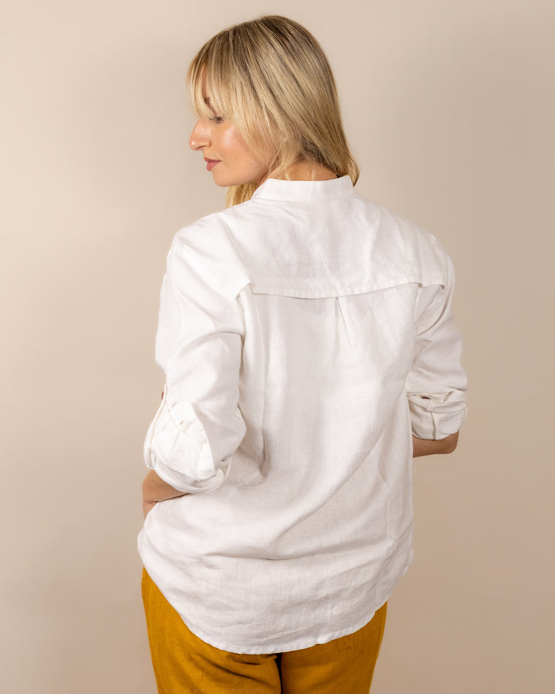 Canyonlands - Women’s Long-Sleeve Ventilated Hemp Shirt in Desert Willow (White) (back view)