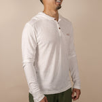 White Sands - Men's Long-Sleeve Hooded Henley in Desert Willow (White) (front view)