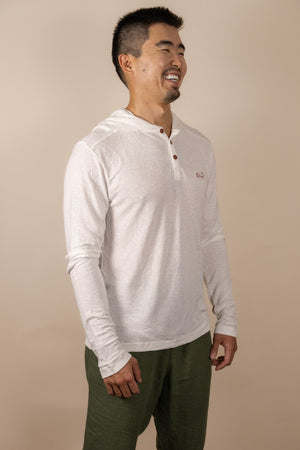 White Sands - Men's Long-Sleeve Hooded Henley in Desert Willow (White) (front view)