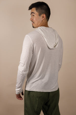 White Sands - Men's Long-Sleeve Hooded Henley in Desert Willow (White) (back view)