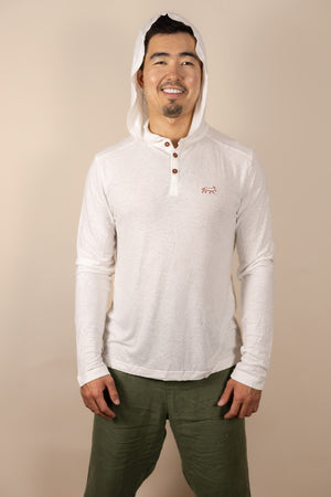 White Sands - Men's Long-Sleeve Hooded Henley in Desert Willow (White) (front view with hood on)