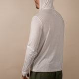 White Sands - Men's Long-Sleeve Hooded Henley in Desert Willow (White) (back view with hood on)