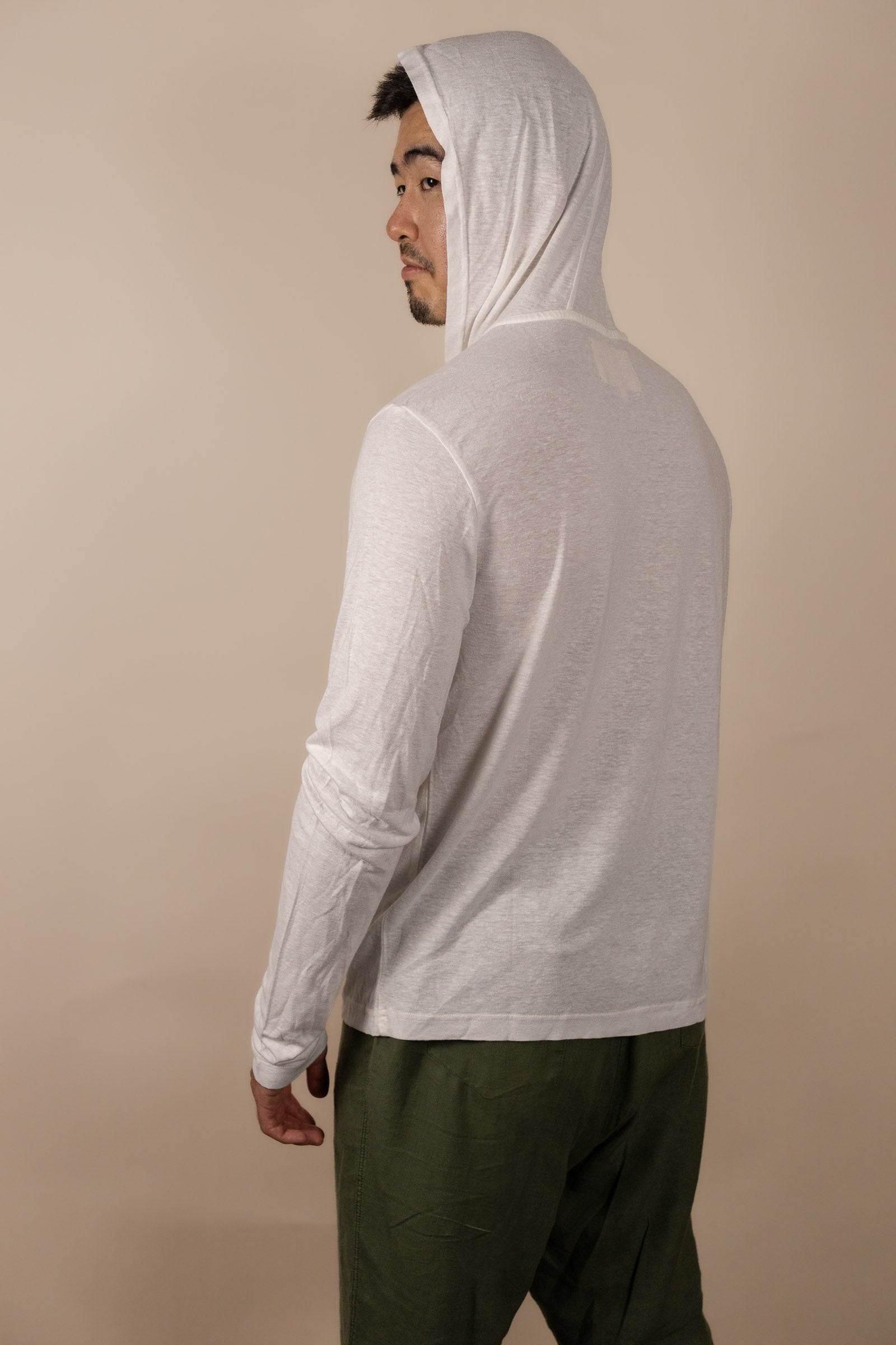 White Sands - Men's Long-Sleeve Hooded Henley in Desert Willow (White) (back view with hood on)