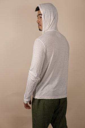 White Sands - Men's Long-Sleeve Hooded Henley in Desert Willow (White) (back view with hood on)