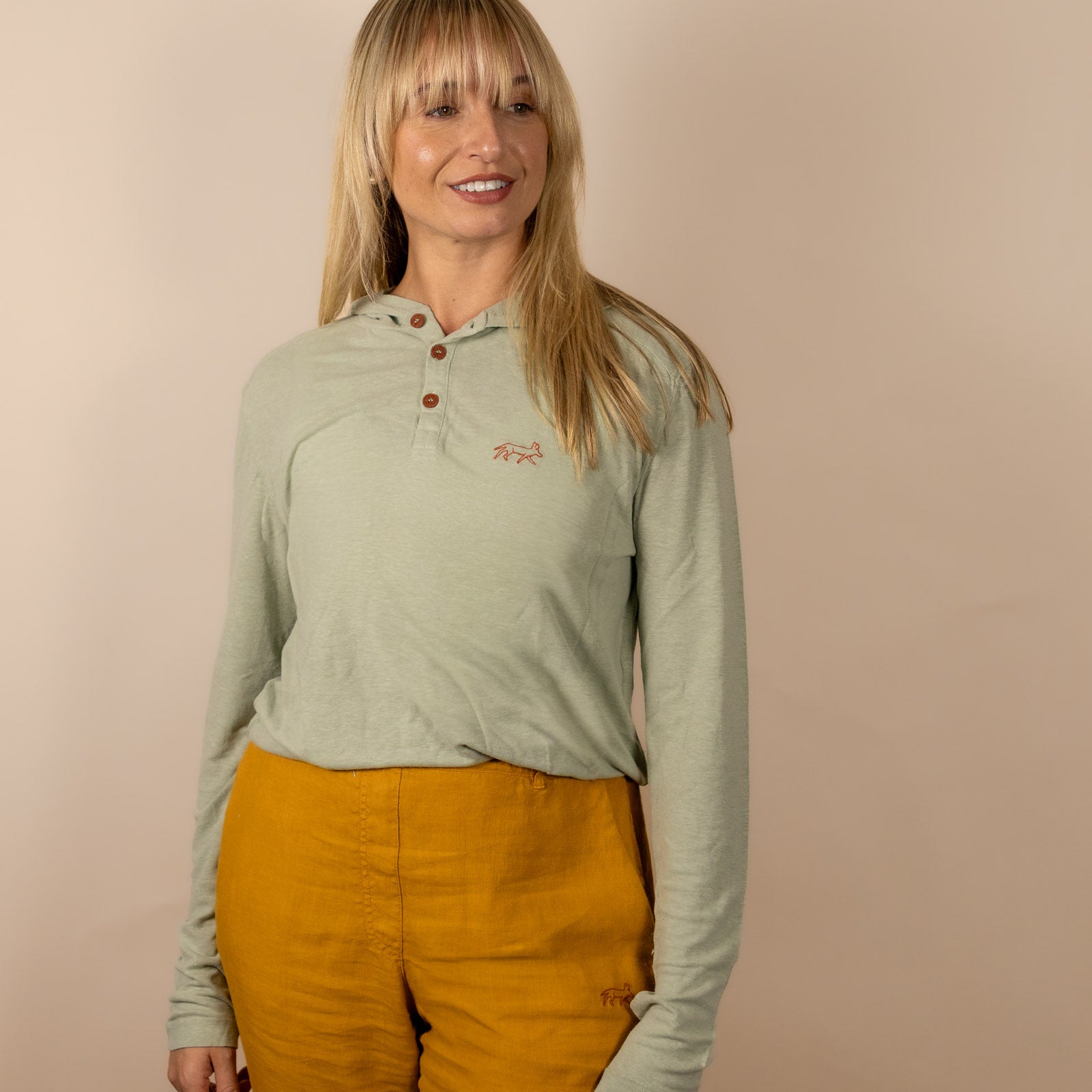 White Sands - Women's Long-Sleeve Hooded Henley in Agave (Light Green) (Front view)