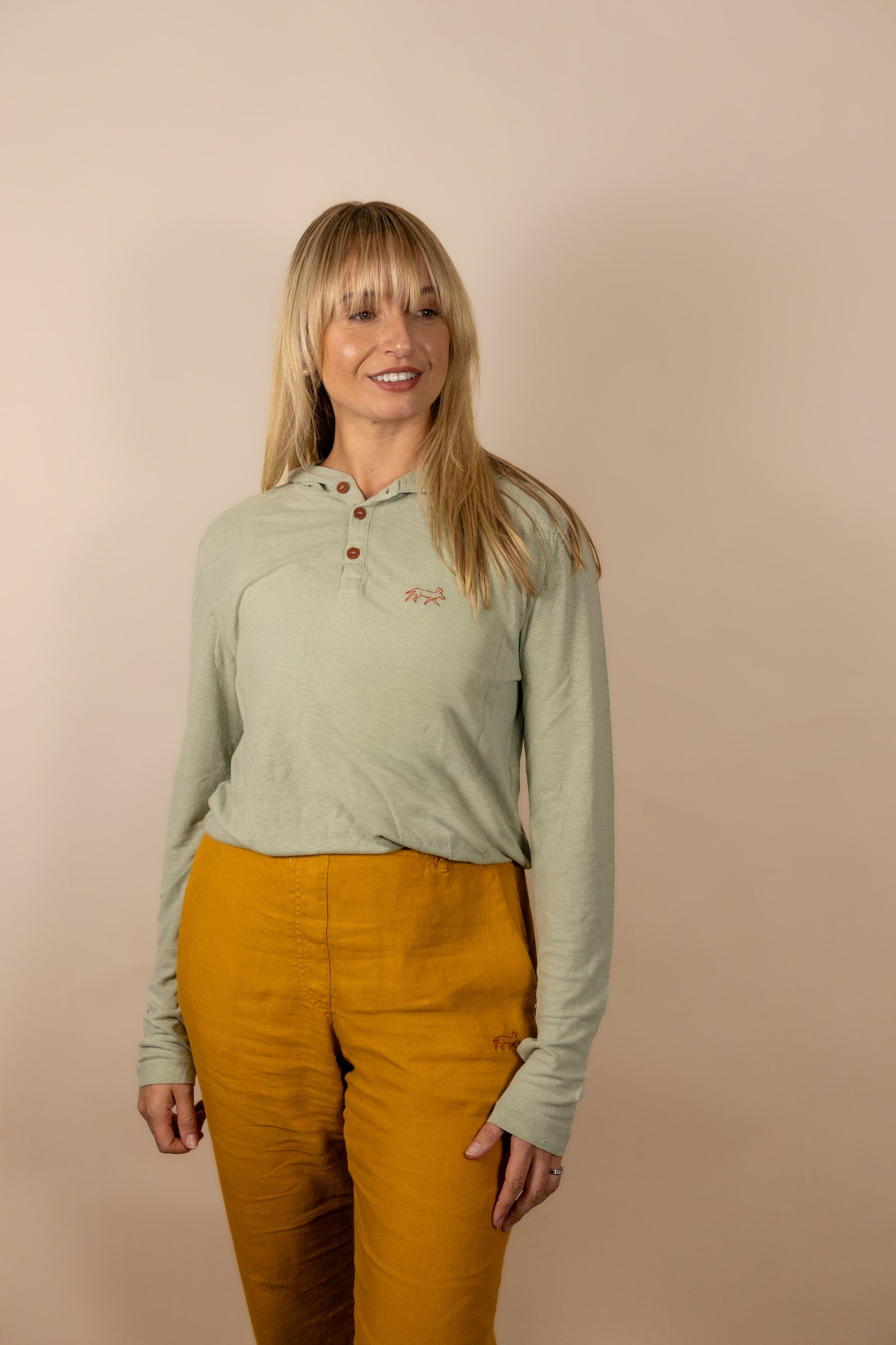 White Sands - Women's Long-Sleeve Hooded Henley in Agave (Light Green) (Front view)