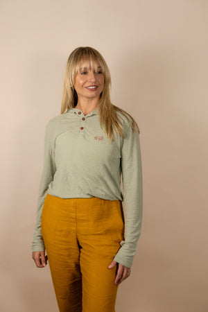 White Sands - Women's Long-Sleeve Hooded Henley in Agave (Light Green) (Front view)