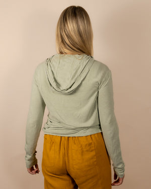 White Sands - Women's Long-Sleeve Hooded Henley in Agave (Light Green) (Back view)