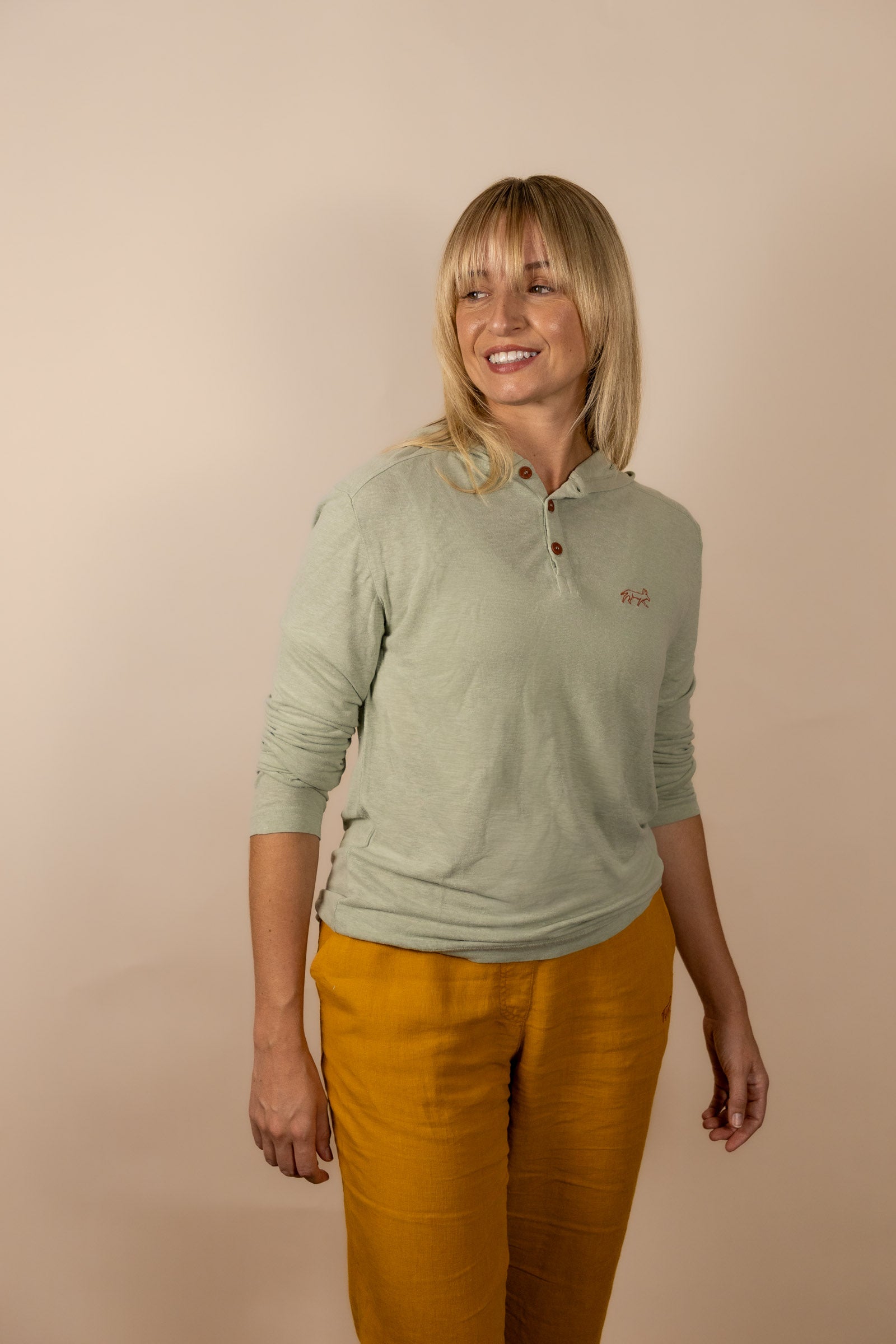 White Sands - Women's Long-Sleeve Hooded Henley in Agave (Light Green) (Front view)