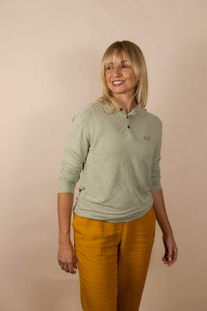 White Sands - Women's Long-Sleeve Hooded Henley in Agave (Light Green) (Front view)
