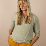 White Sands - Women's Long-Sleeve Hooded Henley in Agave (Light Green) (Front view)