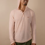 White Sands - Men's Long-Sleeve Hooded Henley in Prickly Pear (Dusty Pink) (front view with hood on)
