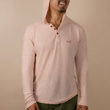 White Sands - Men's Long-Sleeve Hooded Henley in Prickly Pear (Dusty Pink) (front view with hood on)