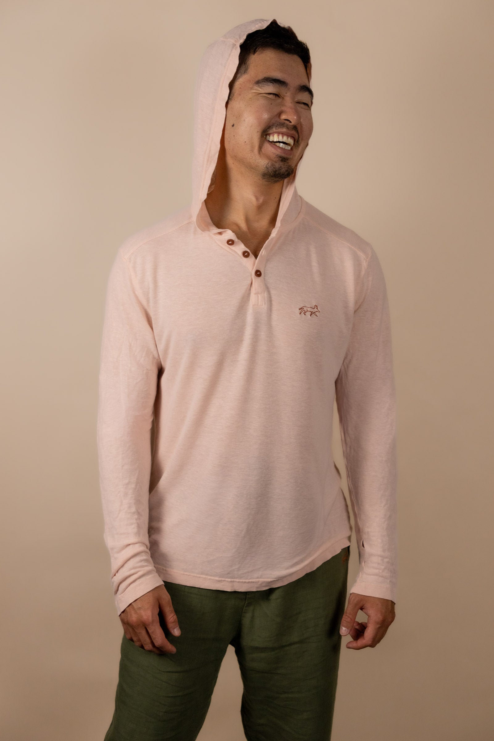 White Sands - Men's Long-Sleeve Hooded Henley in Prickly Pear (Dusty Pink) (front view with hood on)