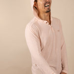 White Sands - Men's Long-Sleeve Hooded Henley in Prickly Pear (Dusty Pink) (front view with hood on)