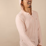 White Sands - Men's Long-Sleeve Hooded Henley in Prickly Pear (Dusty Pink) (front view with hood on)