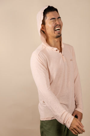 White Sands - Men's Long-Sleeve Hooded Henley in Prickly Pear (Dusty Pink) (front view with hood on)