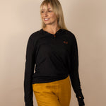 White Sands - Women's Long-Sleeve Hooded Henley in Obsidian (Black) (Front view)