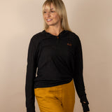 White Sands - Women's Long-Sleeve Hooded Henley in Obsidian (Black) (Front view)