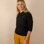 White Sands - Women's Long-Sleeve Hooded Henley in Obsidian (Black) (Front view)