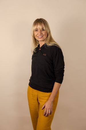 White Sands - Women's Long-Sleeve Hooded Henley in Obsidian (Black) (Front view)